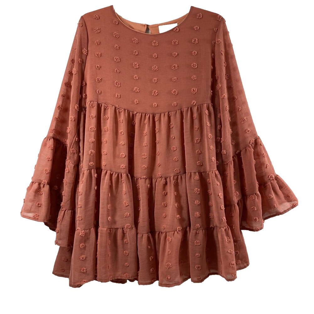 Peach‎ Love Dress Womens Medium Dot Swing Flowy Fairycore Dark Rose Boho Sheer